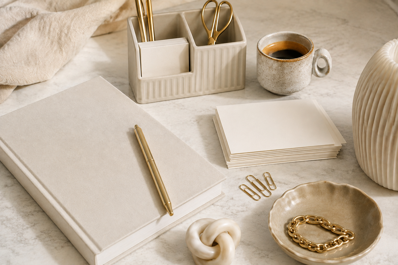 Curated neutral office supplies and desk decor with a notebook, coffee, stationery, and gold accessories