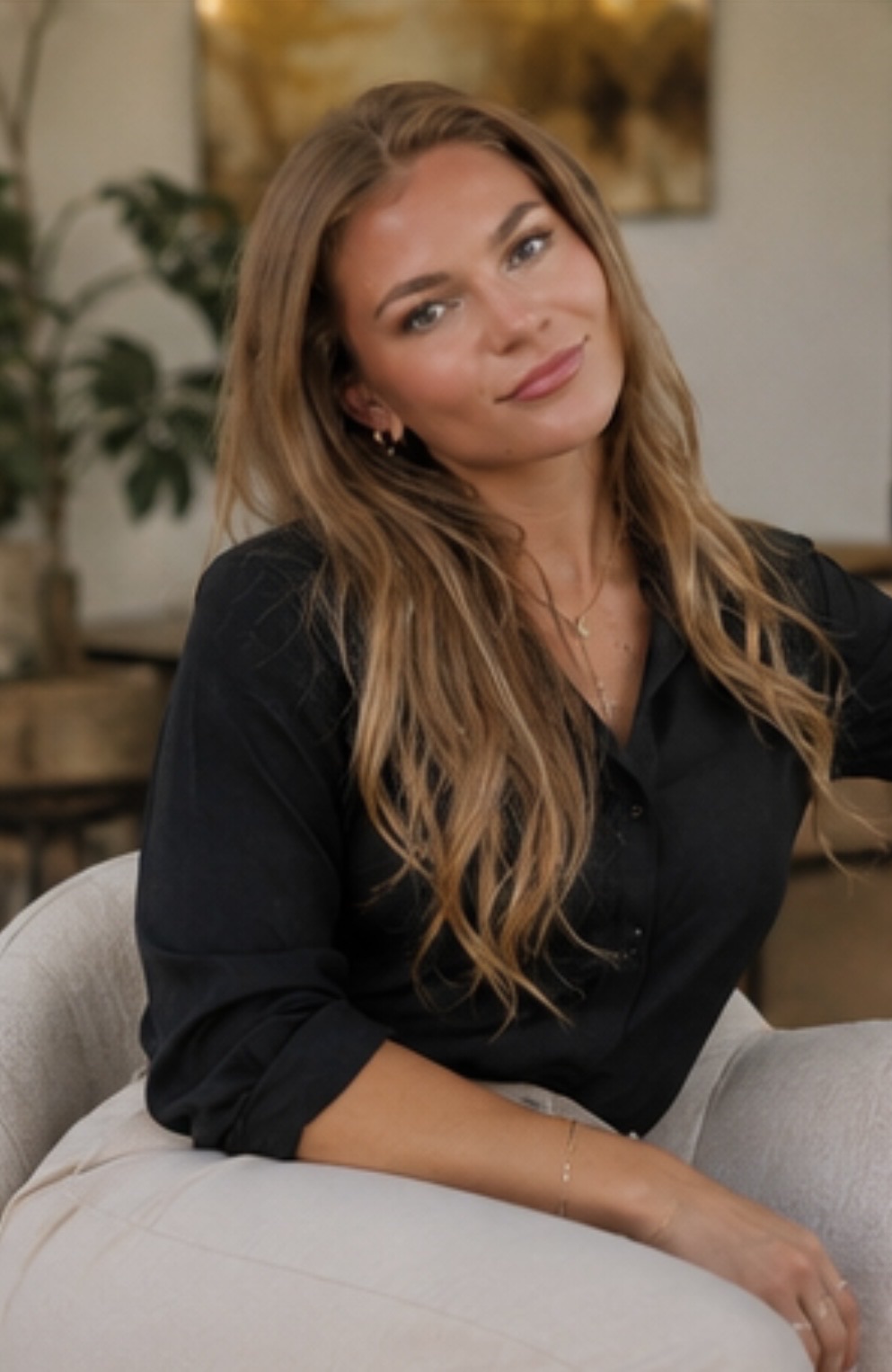 Jasmin Sophia seated in a black blouse