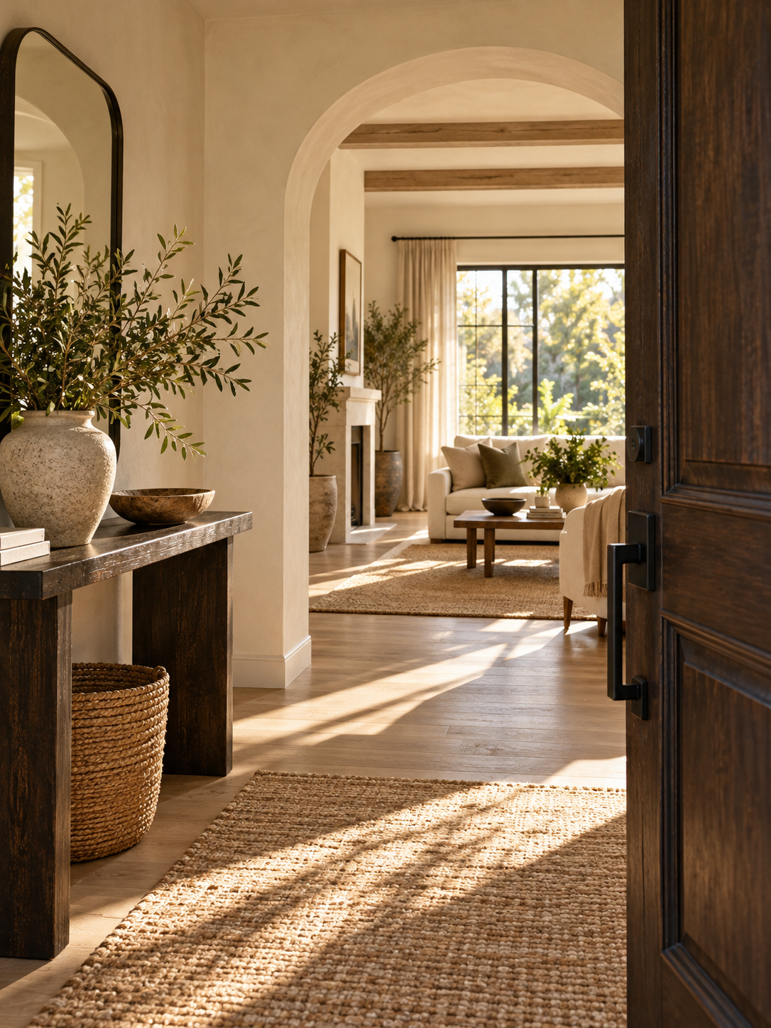 Illustrative sunlit home entryway with an open wood door