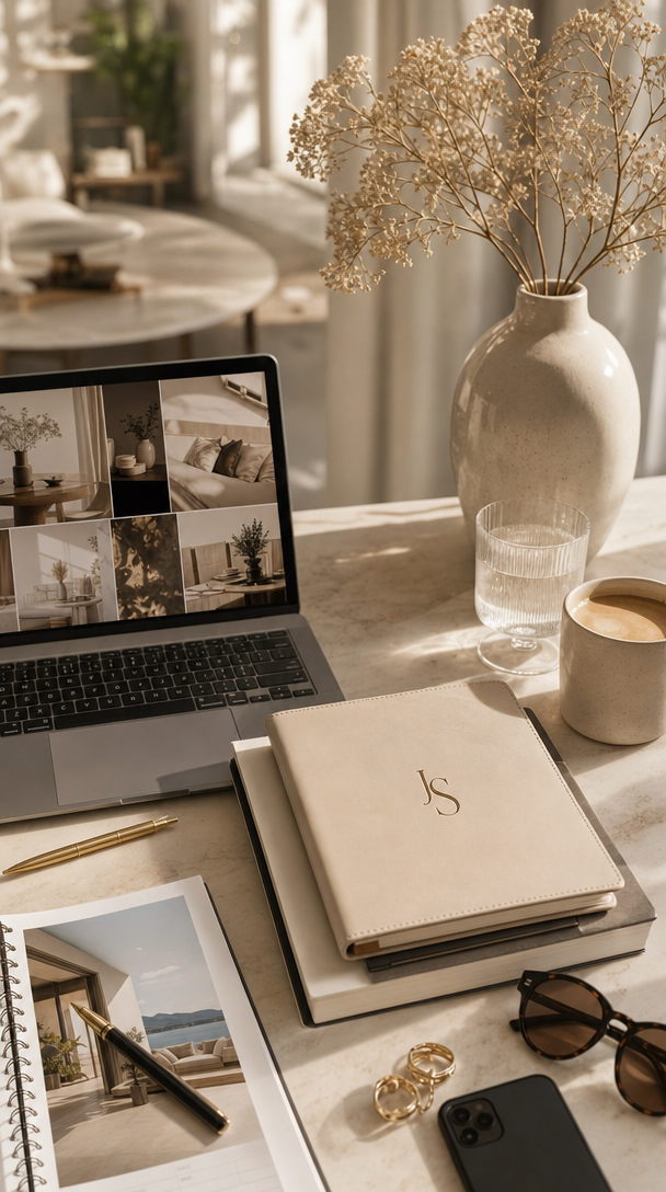 Laptop, coffee and a cream JS notebook