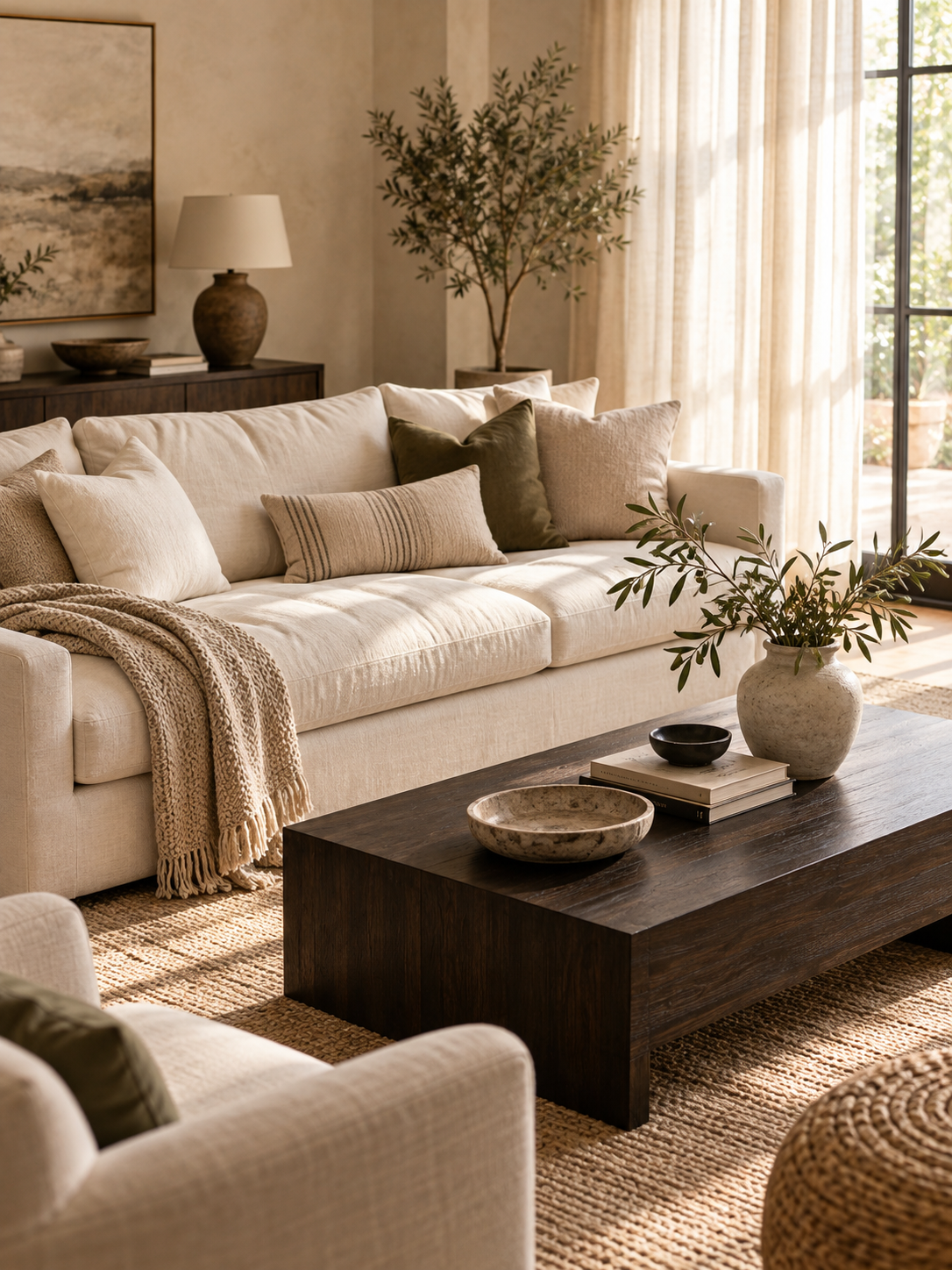 Illustrative staged living room with a cream sofa