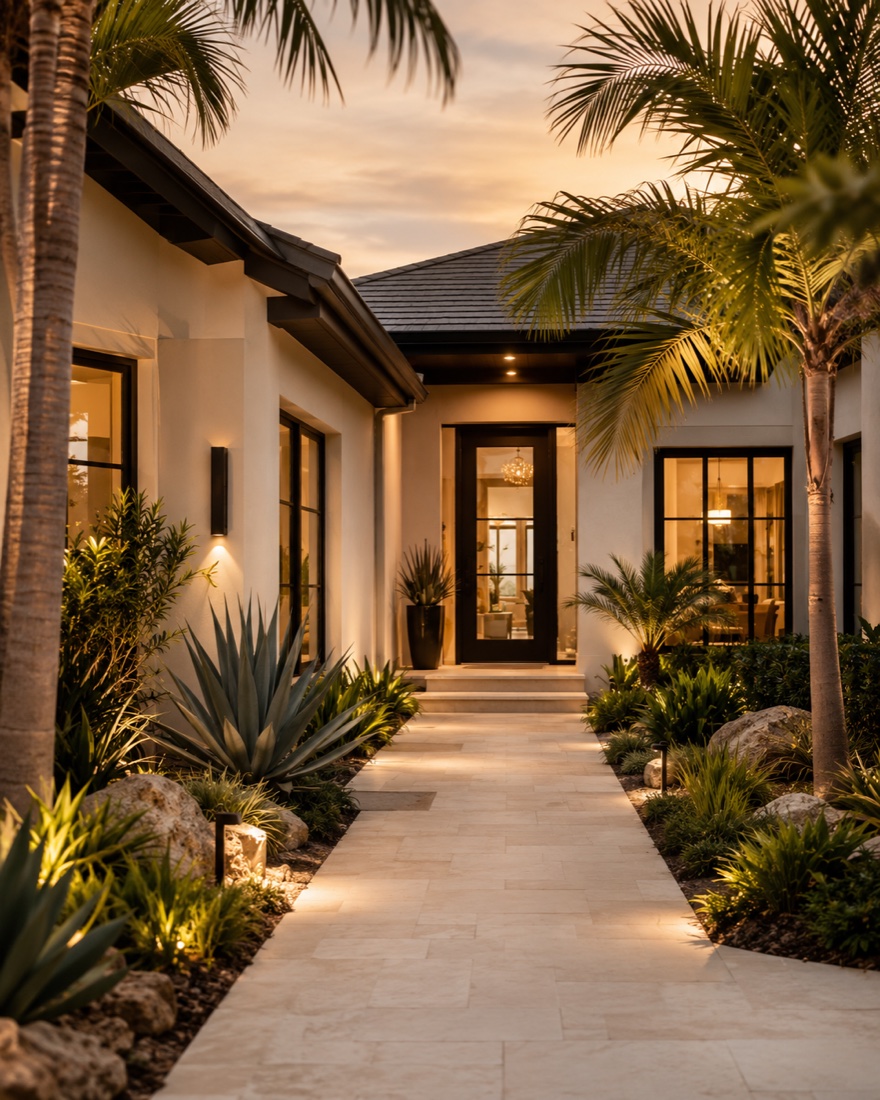 Luxury Central Florida home entrance framed by tropical landscaping at sunset