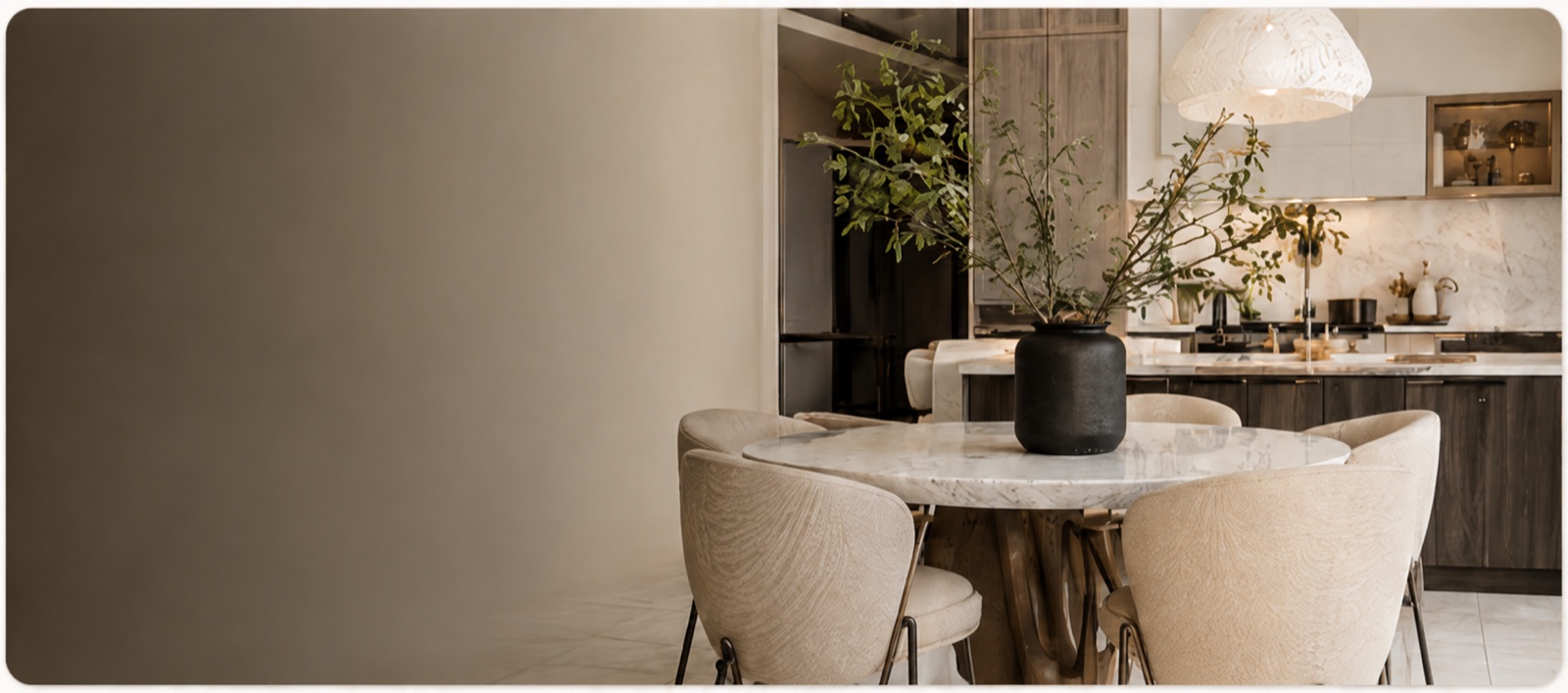 Warm modern kitchen and dining room prepared for a real estate consultation
