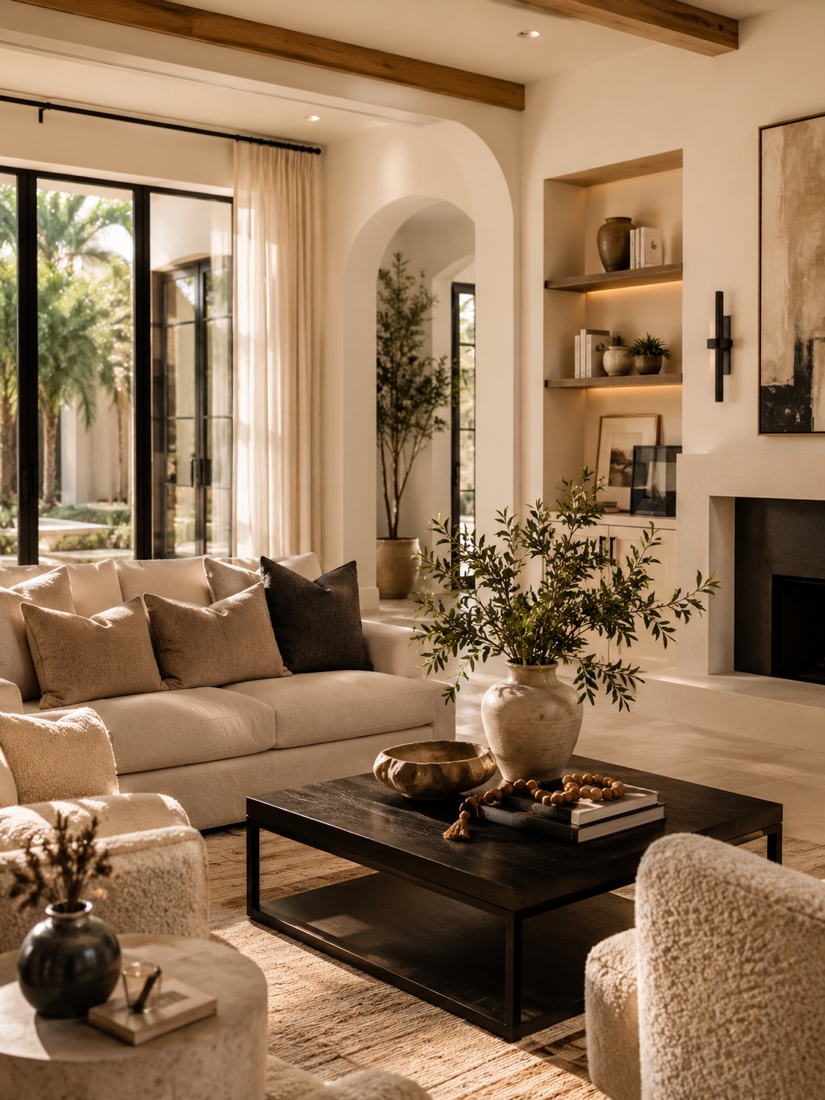 Warm sunlit luxury living room staged for a home sale