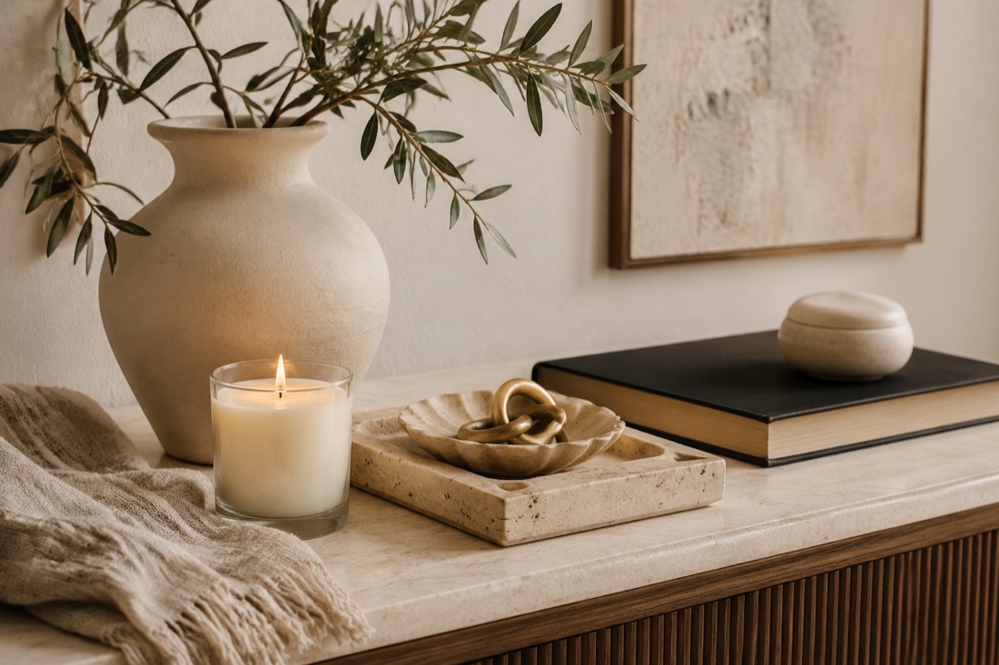 Candle, greenery, and books in a warm neutral room