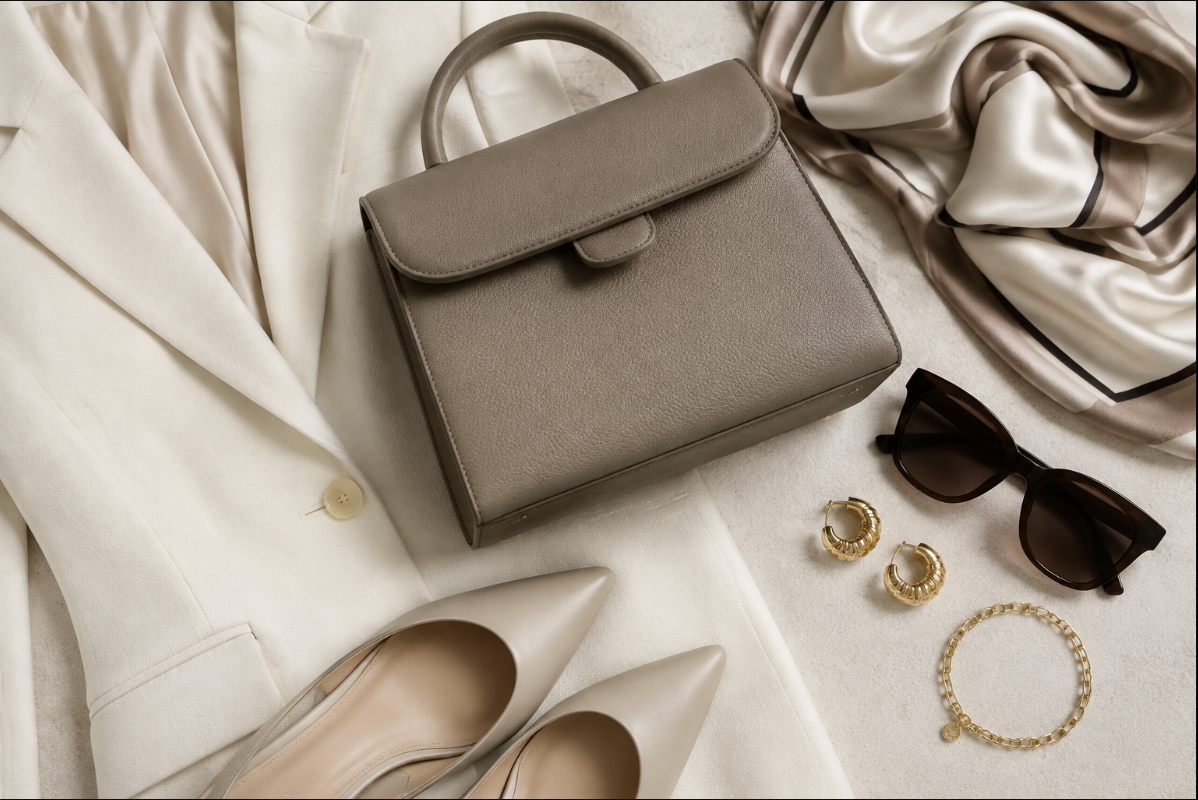 Neutral fashion edit with a structured handbag, blazer, silk scarf, shoes, sunglasses, and gold jewelry